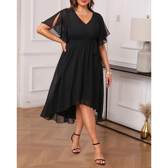 Plus Size Formal Dress Chiffon V Neck Short Sleeve High Low For Women - Picture 2 of 5